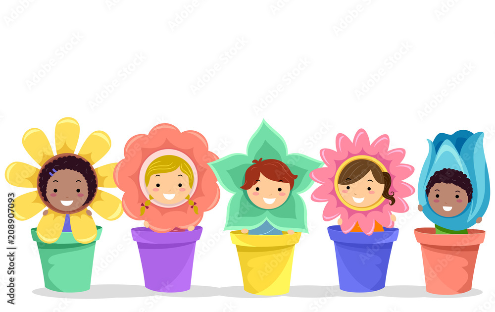 Stickman Kids Flowers Pots Illustration vector de Stock Adobe Stock