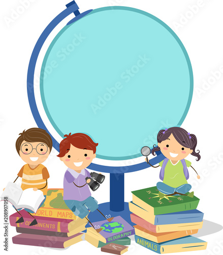 Stickman Kids Geography Globe Frame Illustration