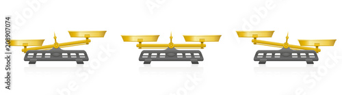 Two pan balance. Weighing scale with golden pans and pointer and gray base - balanced and unbalanced, equal and unequal weightiness. Three-dimensional isolated vector illustration on white background.