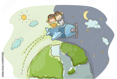 Stickman Kids Travel World Day Night Illustration