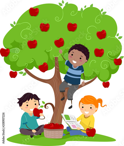 Stickman Kids Eating Apples Tree Illustration