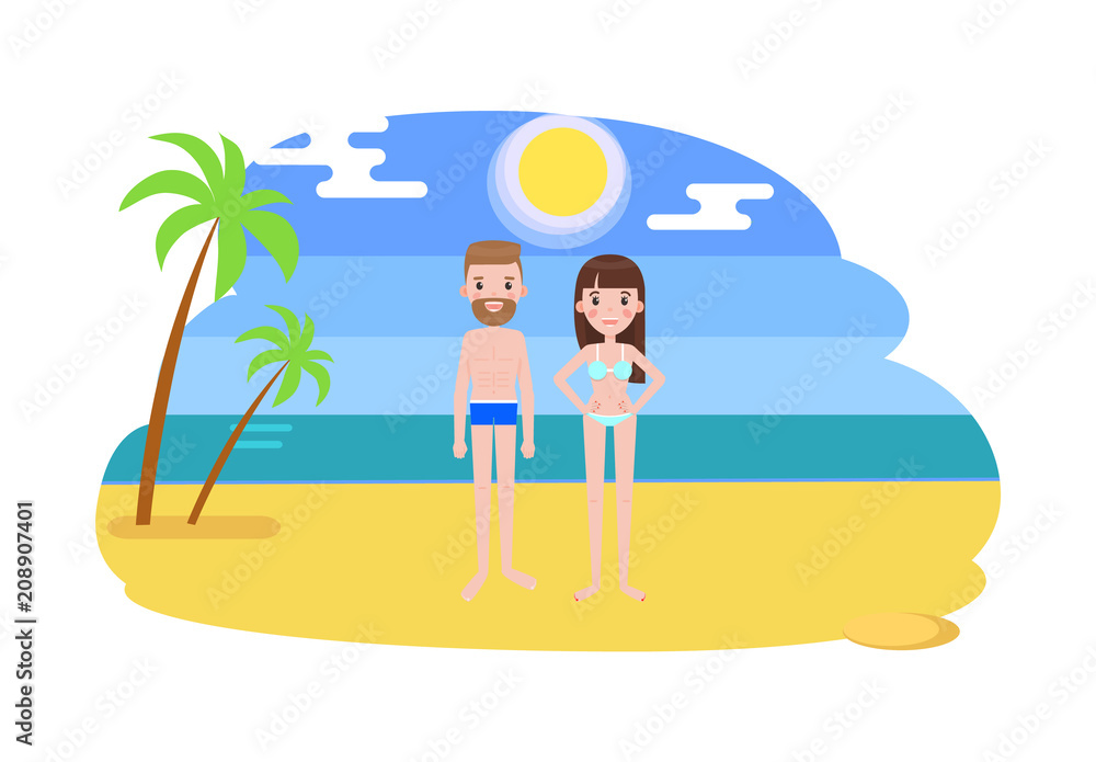 Man and Woman in Swimsuits on the Beach with Palms