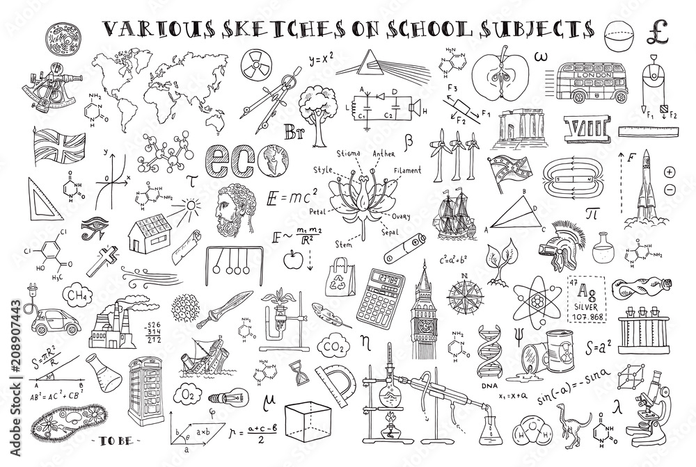 Various sketches on school subjects. Hand sketches on the theme of Maths and geometry. Vector illustration. Doodle set.