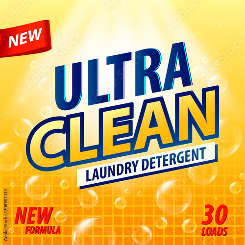 Laundry Detergent package vector concept design. Detergent powder design, cleaner label. Toilet or bathroom tub cleaner template