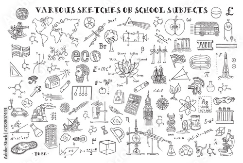 Various sketches on school subjects. Hand sketches on the theme of Maths and geometry. Vector illustration. Doodle set.