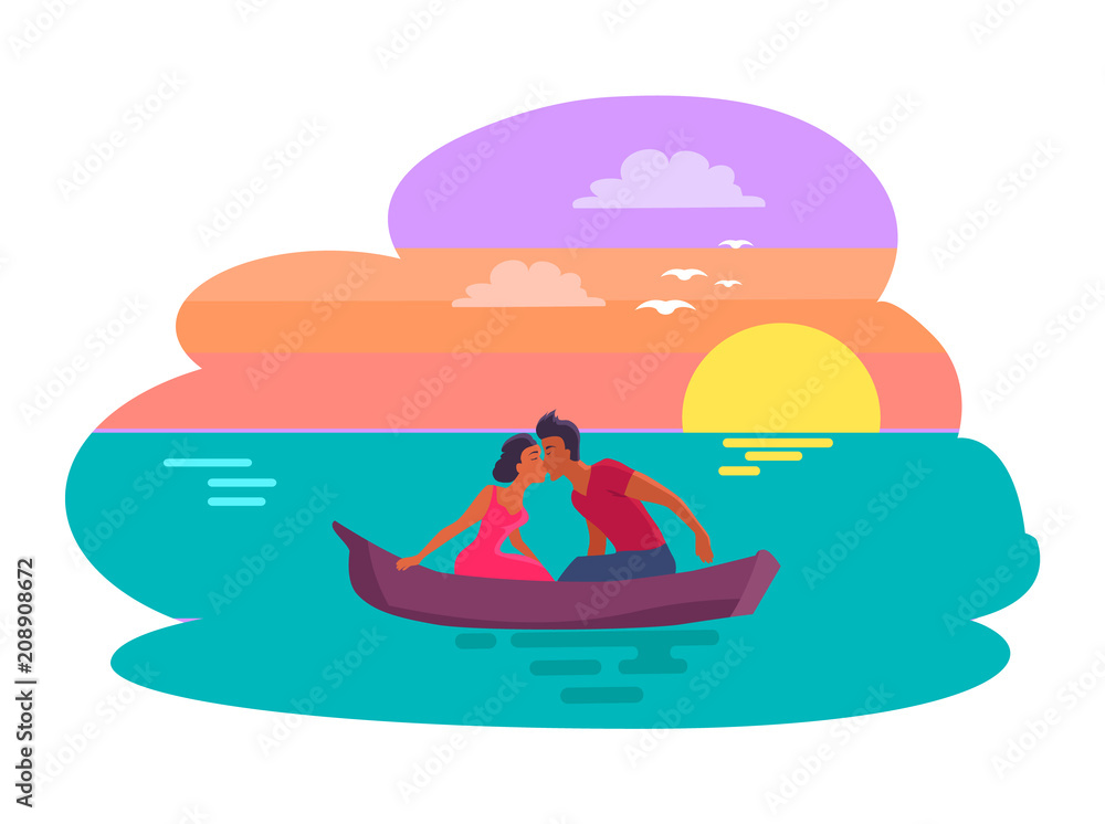 Fototapeta premium Couple Sitting in Boat Kissing Vector Illustration