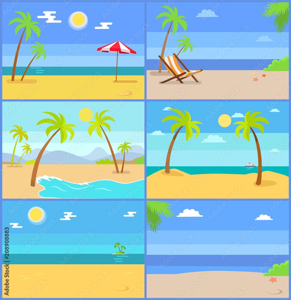 Set Tropical Coastline Views Vector Illustrations