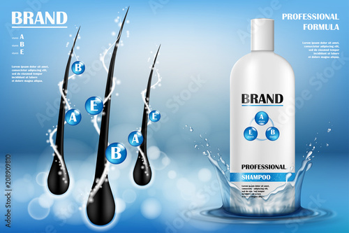 Cosmetic ads template. White plastic tube with hair shampoo and water splash. Shampoo Product brand mockup design. Vector illustration.