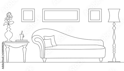 Vector linear interior with an ottoman. Rest zone. Plan the room with thin lines. Outline style.