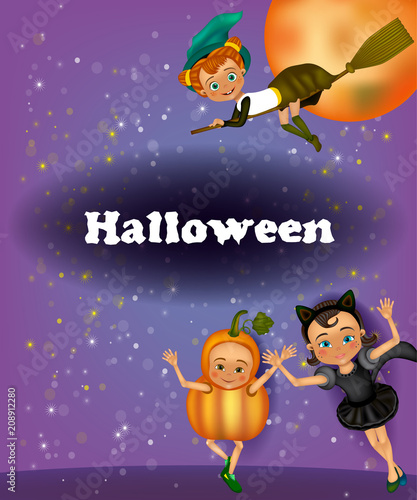 Halloween party flyer for children. Invitation to a children's masquerade. Halloween greeting card for Kids Costume Party. 