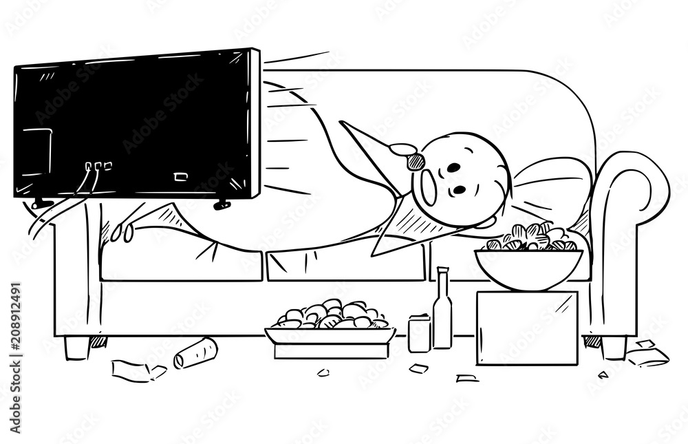 Cartoon stick drawing illustration of fat or overweight man lying on couch,  watching tv or television and eating unhealthy food. Concept of unhealthy  lifestyle. Stock Vector | Adobe Stock