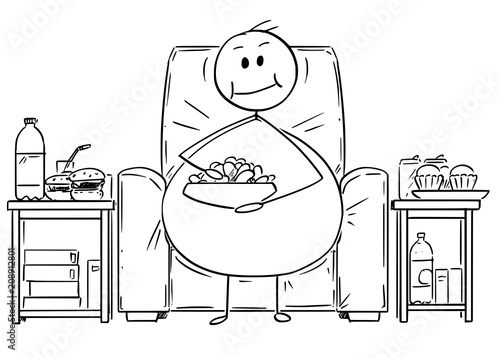 Cartoon stick drawing illustration of fat or overweight man sitting on armchair, watching tv or television and eating unhealthy food. Concept of unhealthy lifestyle.