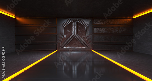 Futuristic Sci-Fi Old Rusty Metal Spaceship Gate In Dark Tunnel With Abstract Neon Lights 3D Rendering