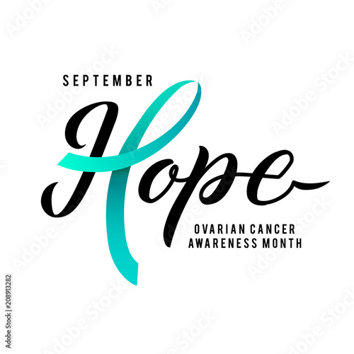 Cancer hope. Ovarian Cancer Awareness Label. Vector Tamplate with Teal Ribbon - Symbol of Cancer Fight