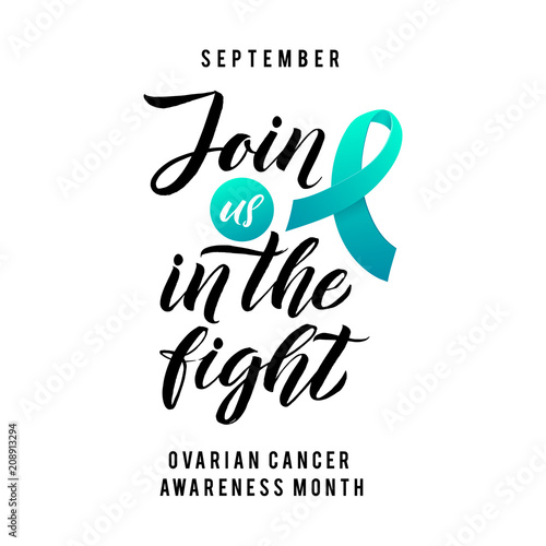 Cancer hope. Ovarian Cancer Awareness Label. Vector Tamplate with Teal Ribbon - Symbol of Cancer Fight