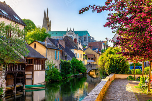 Eure River embankment with old houses in a small town Chartres, France photo