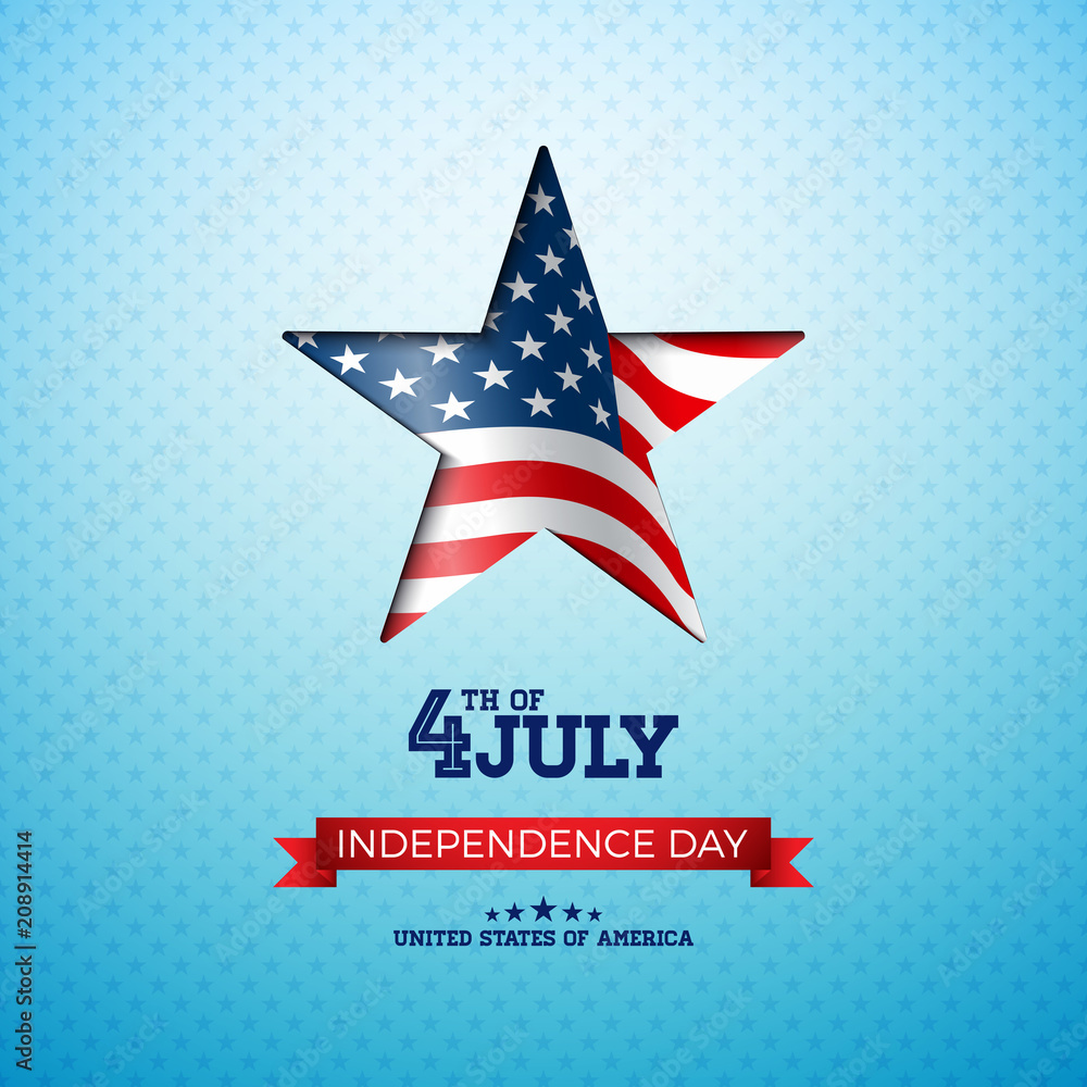 Independence Day of the USA Vector Illustration with Flag in Cutting Star. Fourth of July Design on Light Background for Banner, Greeting Card, Invitation or Holiday Poster. Independence Day of the USA Vector Illustration with Flag in Cutting Star. Fourth of July Design on Light Background for Banner, Greeting Card, Invitation or Holiday Poster.