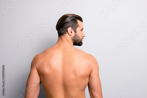 Back behind side profile rear view photo of handsome sexual salf-assured muscular masculine with modern stylish trendy hairdo hot strong man looking aside isolated on gray background photo