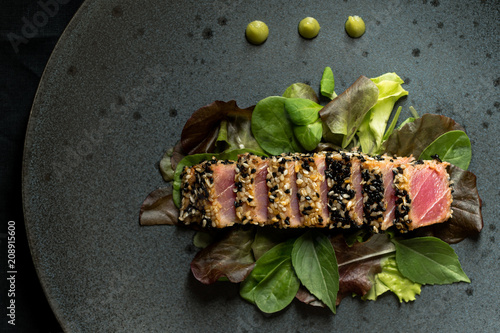 Grilled Fresh Tuna Steak with Salad and Wasabi Sauce