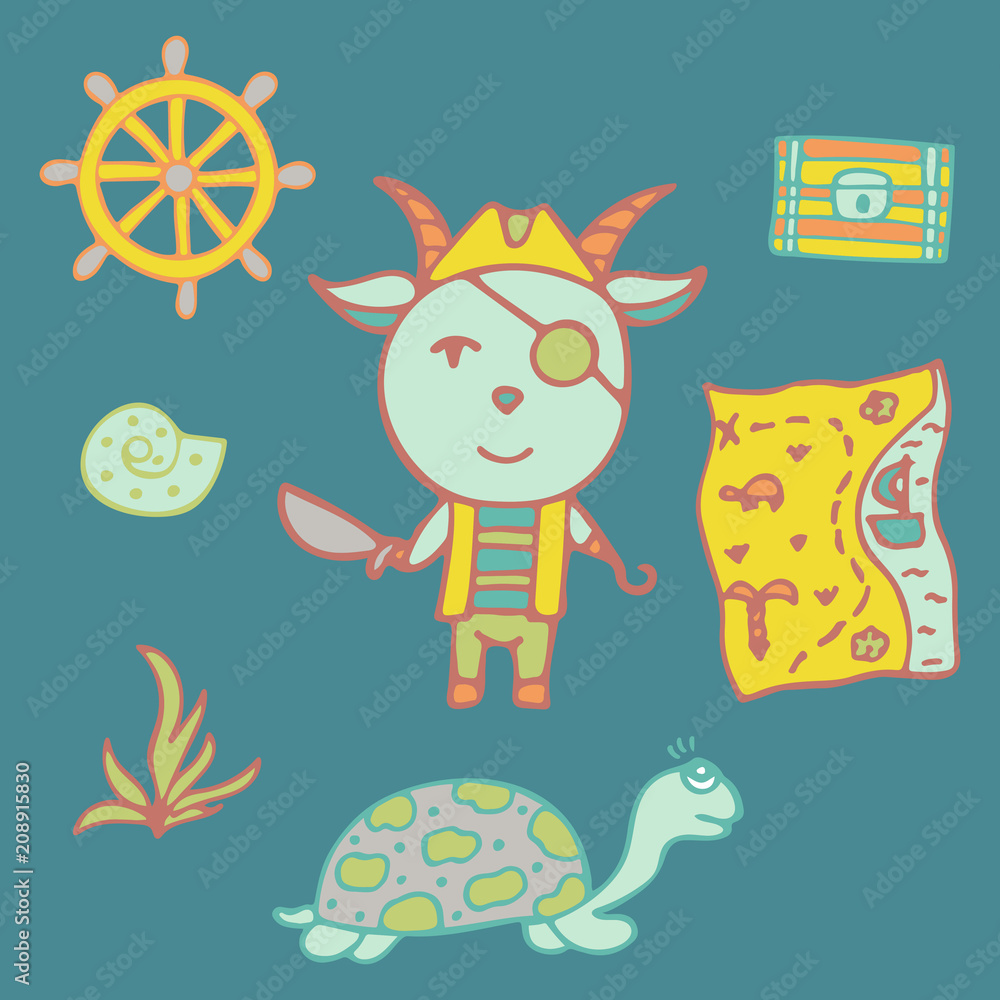 The hand-drawn goat is a pirate with a sword, a hook and the treasure map. The hand-drawn goat is a pirate with a sword, a hook and the treasure map.