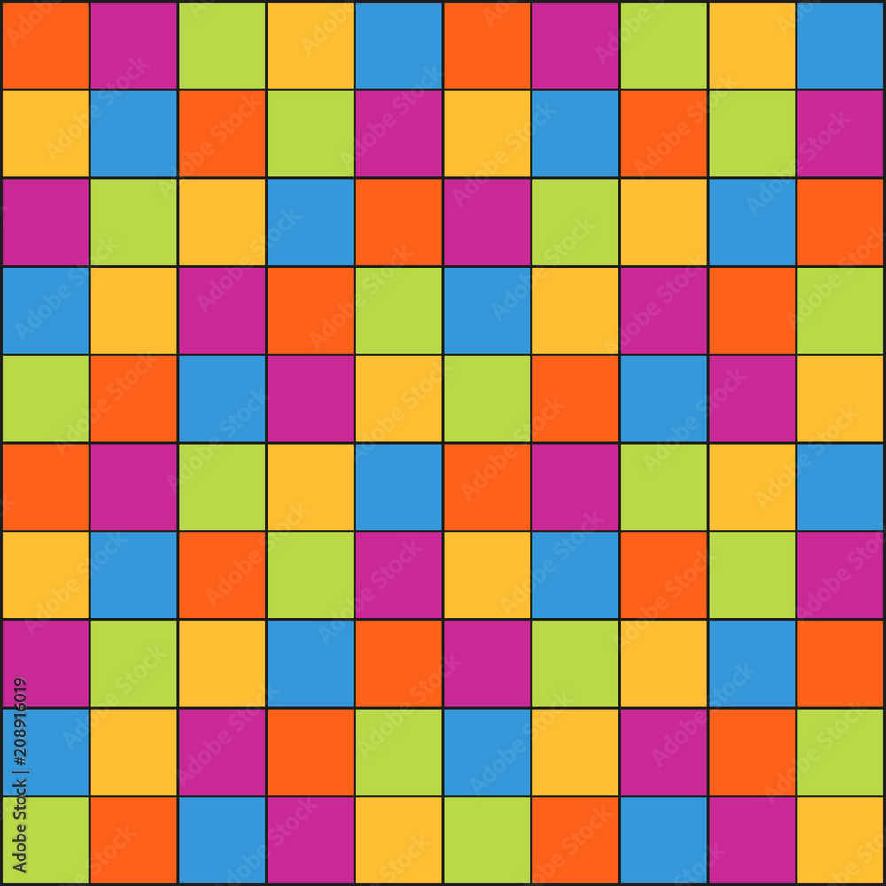 Seamless abstract pattern made of colorful small squares with black outline - vivid colors of green, gold - yellow, purple, orange - red and blue, child or circus pattern Seamless abstract pattern made of colorful small squares with black outline - vivid colors of green, gold - yellow, purple, orange - red and blue, child or circus pattern
