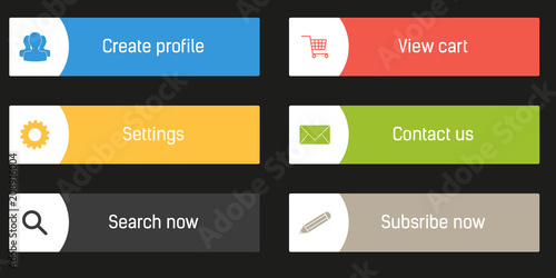 Wallpaper Mural Set of 4 colorful rectangle buttons - labels - badges with white wedge, isolated on black, website element with matching icons for profile, settings, cart, contact us, subsribe and search Torontodigital.ca