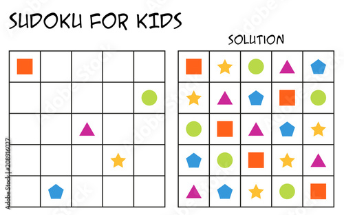 Sudoku for kids with solution, puzzle for children to complete each row or column with just one of each shapes, mental task, logical but easy challenge (version 2)