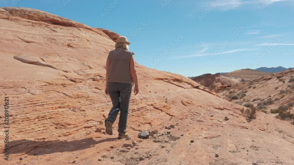In The Movement Sporting Woman Hiking On The Red Rock Canyon In Desert In The Movement Sporting Woman Hiking On The Red Rock Canyon In Desert