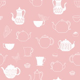 Pink vintage teapots and cups seamless pattern background. Perfect for fabric, scrap booking, wallpaper, invitations, gift wrap