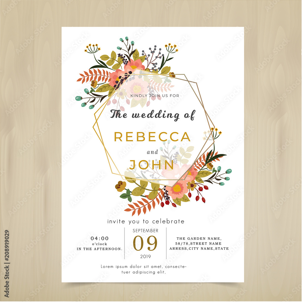 Wedding Invitation card. Flora flower rustic pattern set. Elegant  decorative wreath & frame. Vector template for printable.