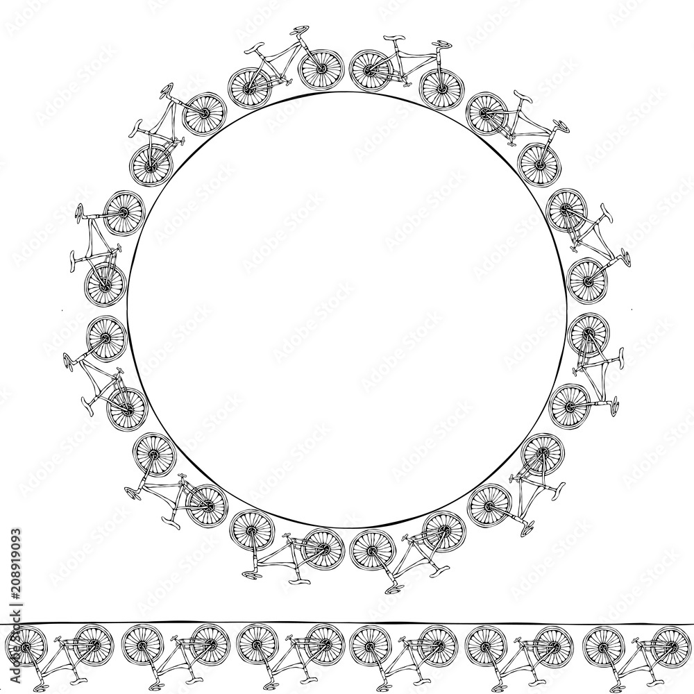 Endless Pattern Brush or Ribbon of Bicycles. Circle Frame Bike Background. Realistic Hand Drawn Illustration. Savoyar Doodle Style. Endless Pattern Brush or Ribbon of Bicycles. Circle Frame Bike Background. Realistic Hand Drawn Illustration. Savoyar Doodle Style.