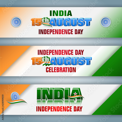 Set of web banners with 3d texts, spinning wheel and national flag colors for 15th of August, India, Independence day, celebration; Vector illustration