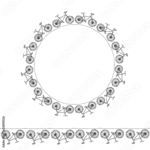 Endless Pattern Brush or Ribbon of Bicycles. Circle Frame Bike Background. Realistic Hand Drawn Illustration. Savoyar Doodle Style.