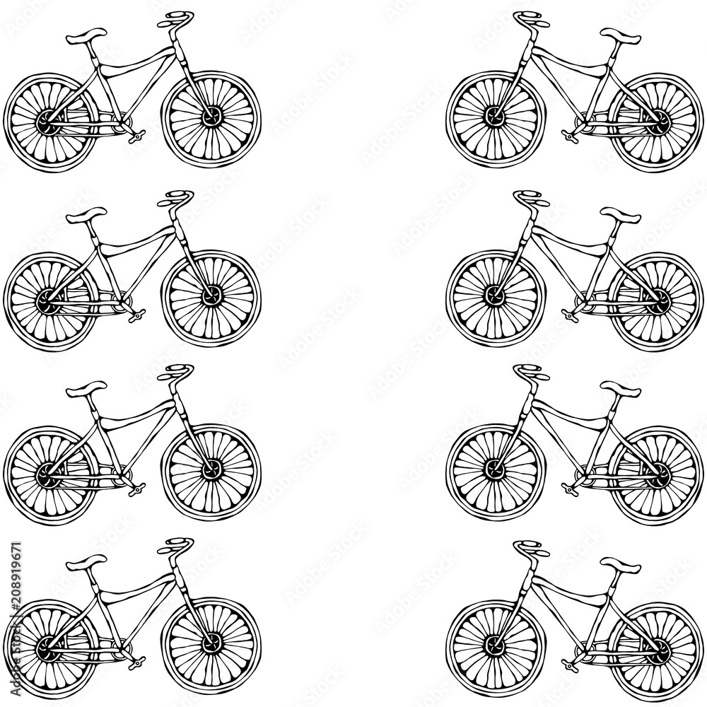 Pattern Ribbon of Bicycles Bike Background. Realistic Hand Drawn Illustration. Savoyar Doodle Style. Pattern Ribbon of Bicycles Bike Background. Realistic Hand Drawn Illustration. Savoyar Doodle Style.