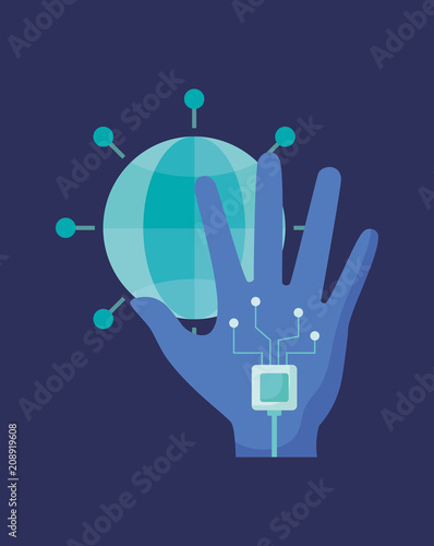 Wired glove and interactivity symbol icon over blue background, colorful design. vector illustration