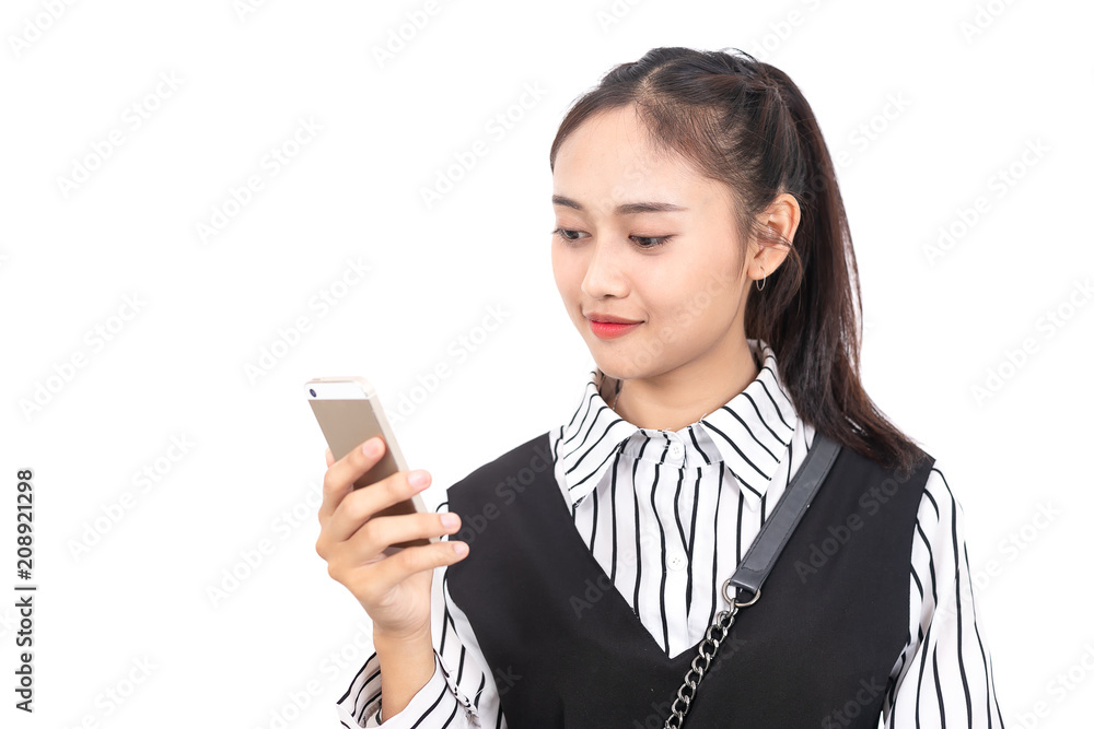 Fashion beautiful girl with smartphone posing isolated on background Fashion beautiful girl with smartphone posing isolated on background