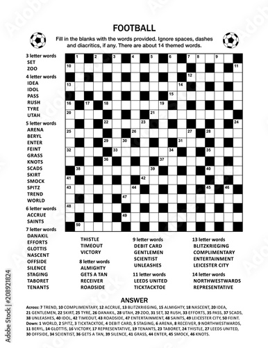 Football (soccer) themed 19x19 criss-cross (kriss-kross, fill in the blanks) crossword puzzle or word game (English language). Suitable both for elder children and adults. Answer included.
