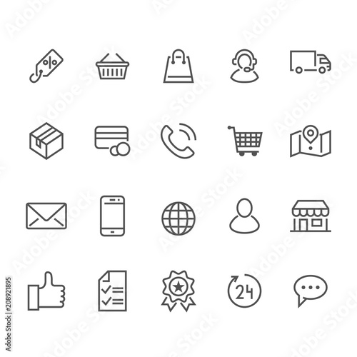 Online shopping flat line icons. E-commerce business, contacts, support, shop basket, sale, delivery, discount illustrations. Thin signs for web store. Pixel perfect 48x48. Editable Strokes