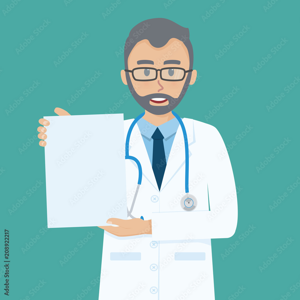 Happy senior doctor shows blank paper on his hand. Happy senior doctor shows blank paper on his hand.