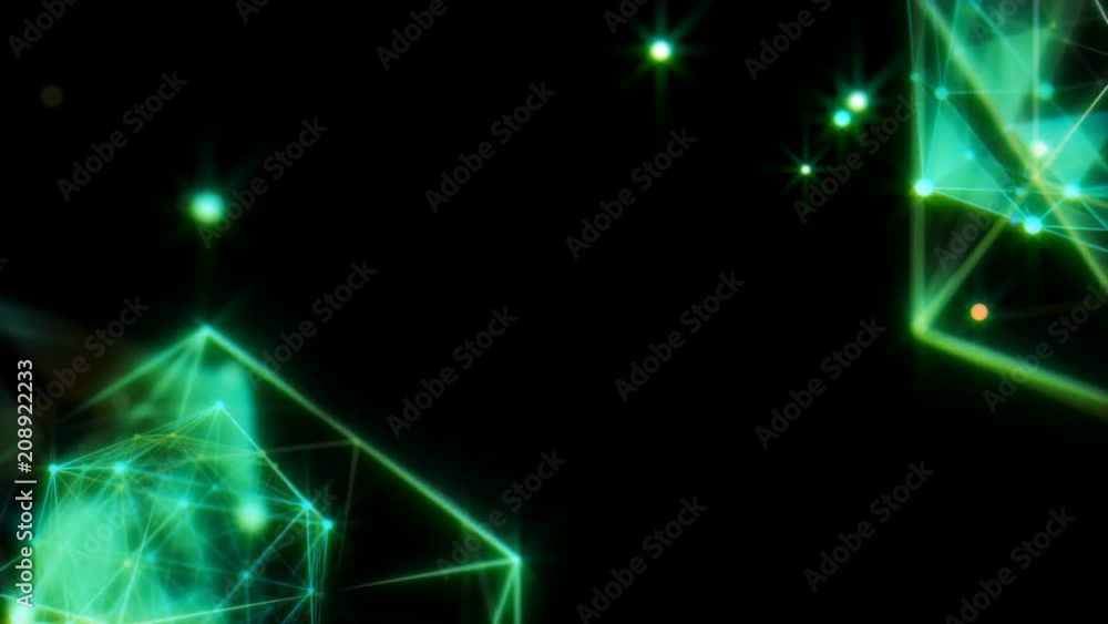 Rotating geometric shapes. Place for text. Black background. Emerald shine. Business fantasy background. Seamless loop. Rotating geometric shapes. Place for text. Black background. Emerald shine. Business fantasy background. Seamless loop.