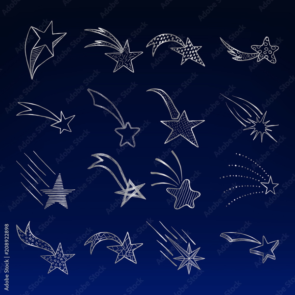Set of hand drawn vector doodle silver stars and comets icons collection on a night sky background. Kids style skethes. Set of hand drawn vector doodle silver stars and comets icons collection on a night sky background. Kids style skethes.