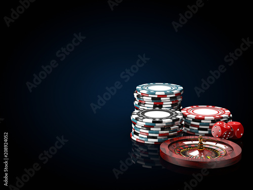 Casino chips stacks with roulette and dice. 3d Illustration on black and blue background photo