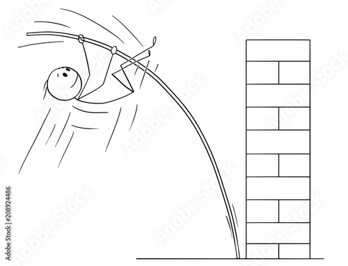 Cartoon stick drawing conceptual illustration of man or businessman doing pole vaulting to overcome obstacle. Business concept of solution and creativity.