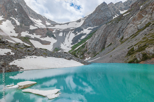 high mountain alpine lake with blue water