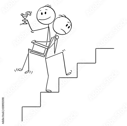Cartoon stick drawing conceptual illustration of man or businessman carrying another man, manager or boss upstairs on his back. Business concept of teamwork or favoritism.