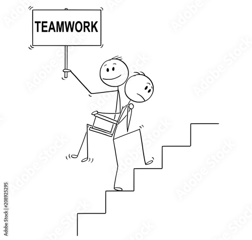 Cartoon stick drawing conceptual illustration of man or businessman carrying another man, manager or boss with empty sign upstairs on his back. Business concept of unfair teamwork or favoritism. Empty