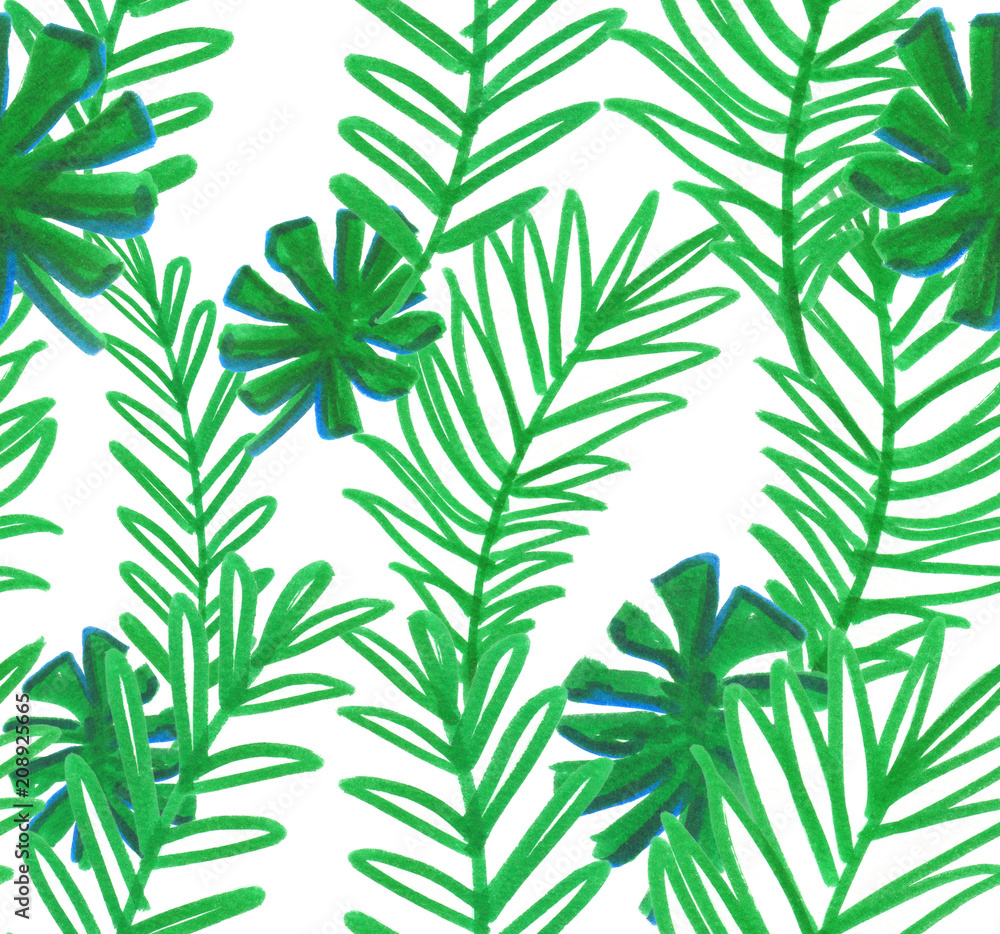 Seamless pattern with bright green palm and monstera leaves painted in highlighter felt tip pen on white isolated background
