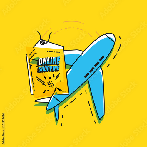online shopping with airplane flying vector illustration design