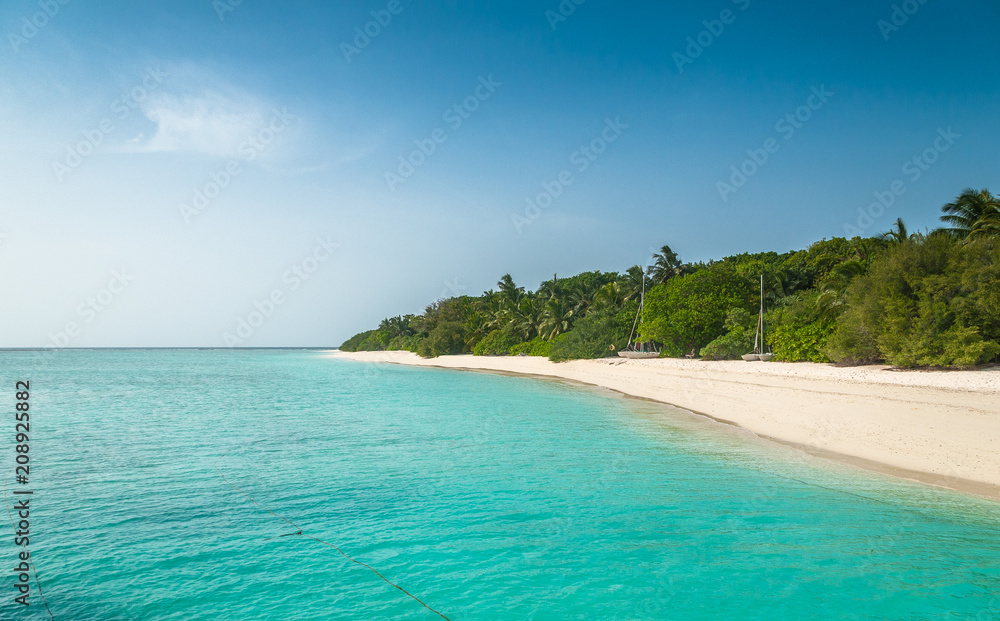  Beach at Maldives with blue sky, palm trees and turquoise