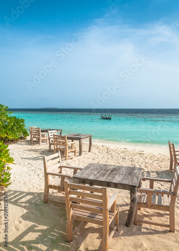 Maldives beautiful beach background white sandy tropical paradise island with blue sky sea water ocean 